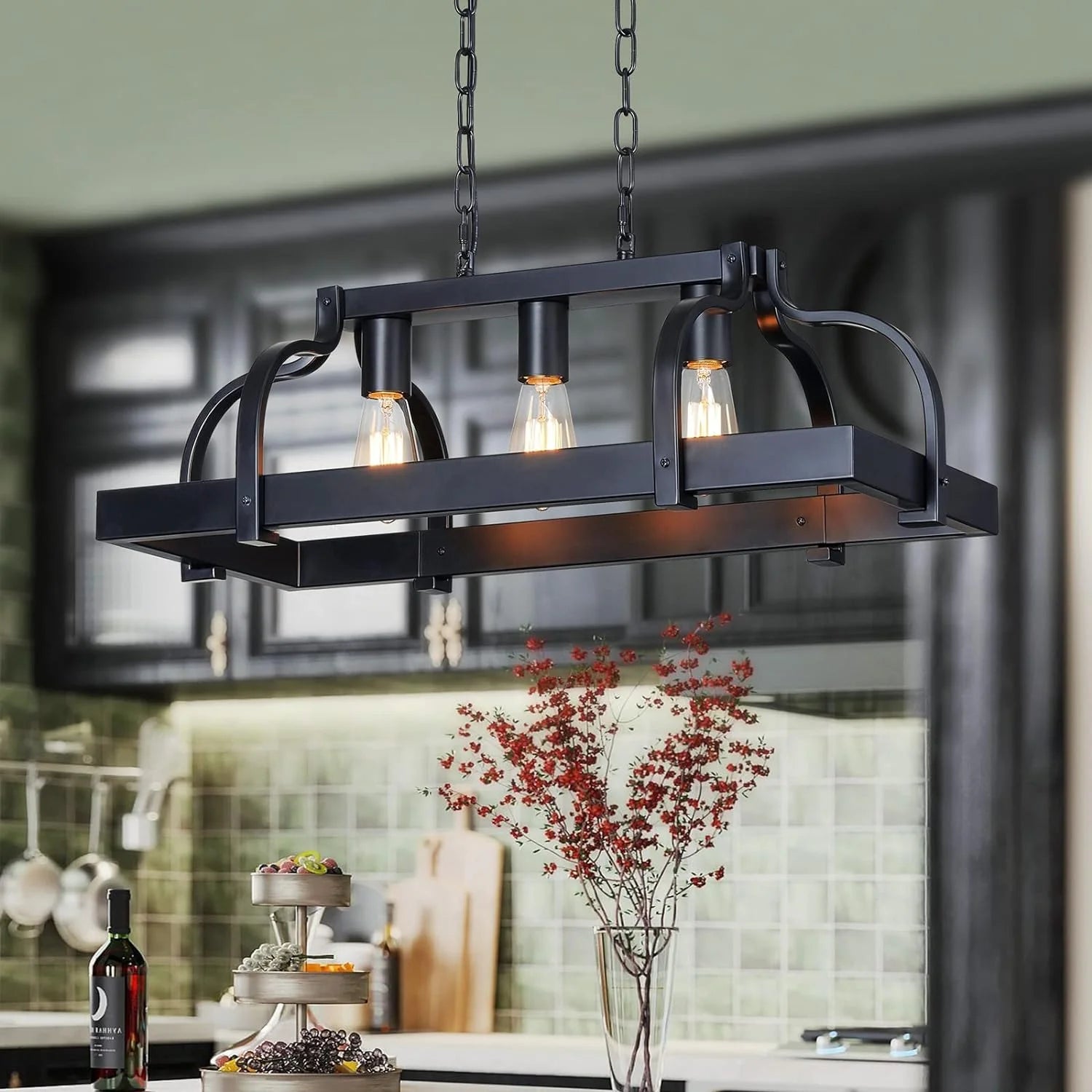 Discount 5-Light Metal Chandelier Imitation Wood Grain Linear Pendant Ceiling Lighting Rustic Farmhouse Fixture Kitchen - Image 9