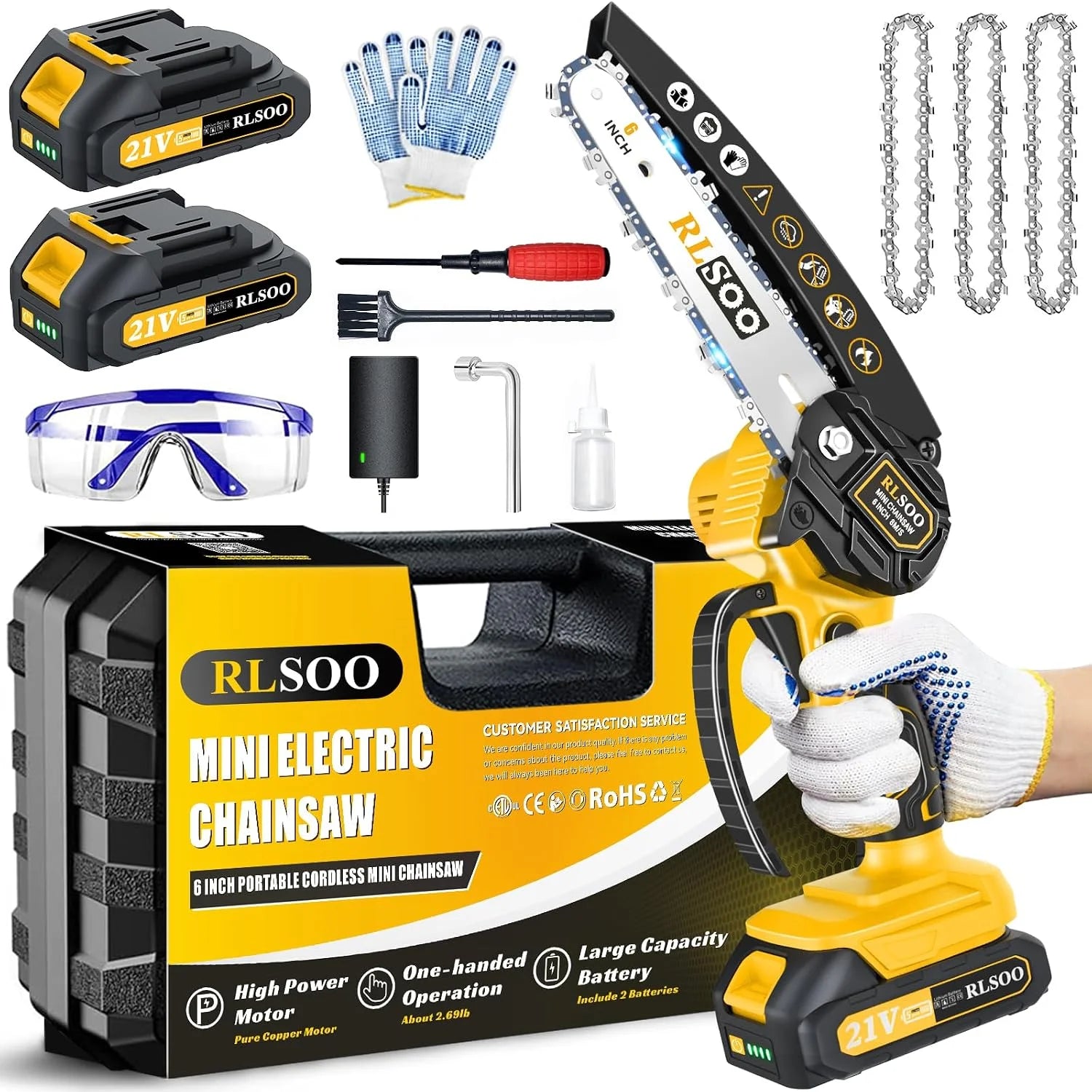 Discount RLSOO Mini Chainsaw Cordless, 6 Inch Handheld Chain Saw Battery Powered