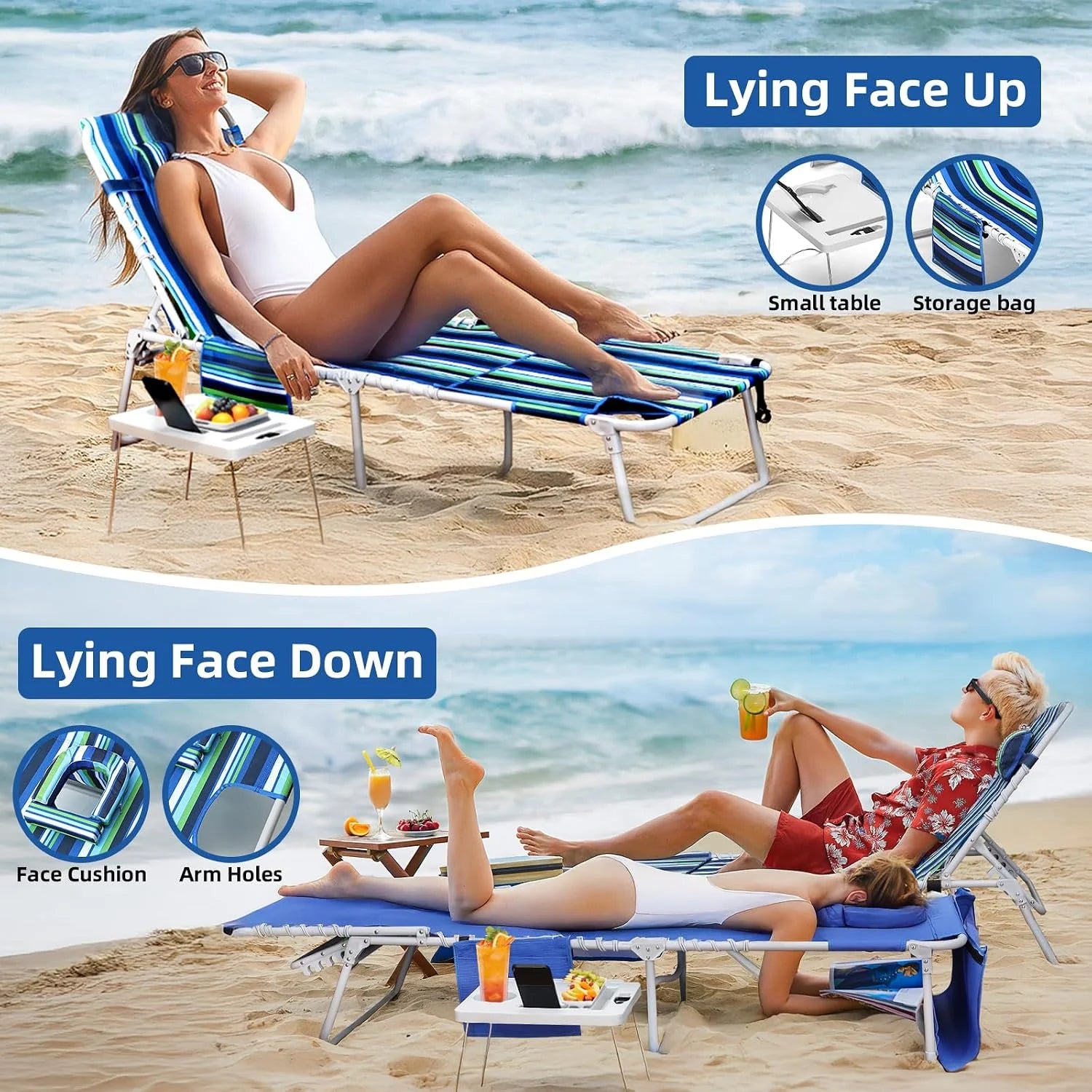 Special Beach Chair Face Holes, Lounge Chair Outdoor with Folding Side Table, 5-Position Recliner, Max 330lbs - Image 4