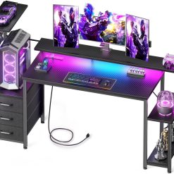 Discount 48 Inch Gaming Desk with LED Lights & Power Outlets, Computer Desk with Fabric Drawers & Side Hook