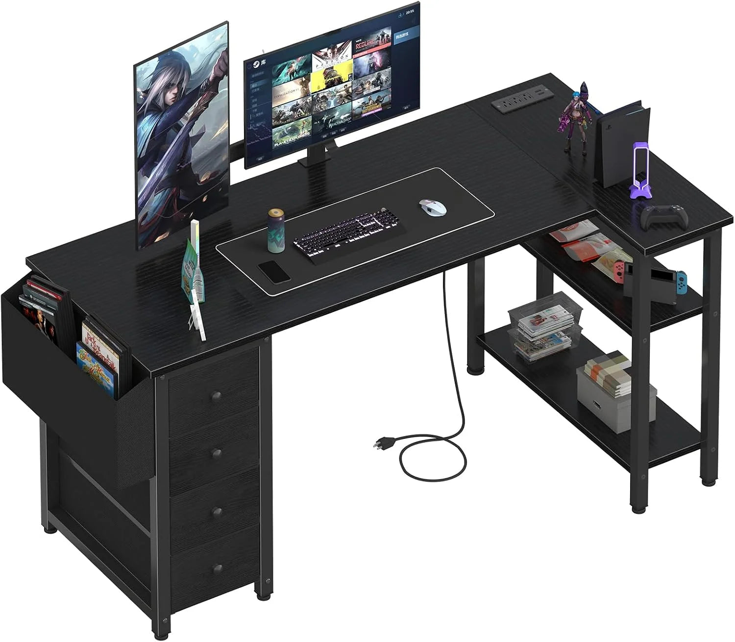 Discount Lufeiya White L Shaped Computer Desk with Drawers & Storage Shelves, 47 Inch Corner Reversible Desk with Power Outlet - Image 2