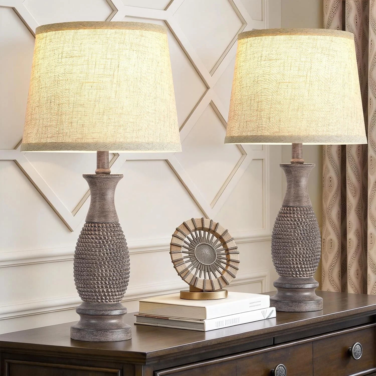 Discount EJIAXIN Table Lamps Set of 2-21.6 Resin Farmhouse Bedside Lamps for Bedroom Living Room, Rotary Switch - Image 3