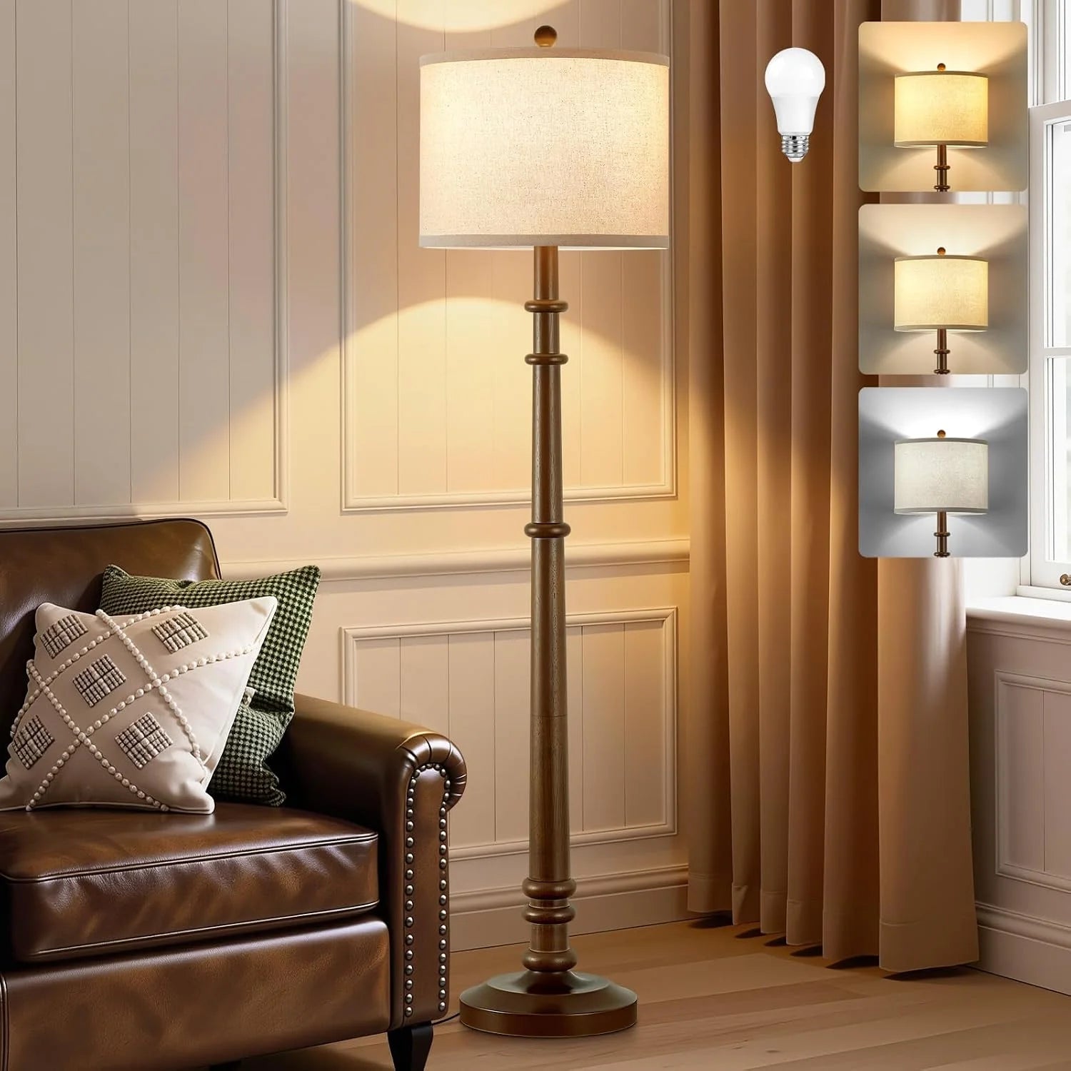 Discount Floor Lamp, Vintage Standing Lamp Reading Light with Linen Shade Retro Tall Lamp for Bedroom Office - Image 6