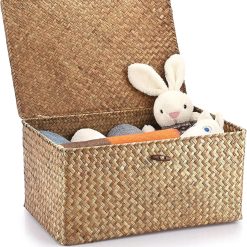 Discount Shelf Baskets Bin with Lid Large Handwoven Basket Box, Coffee, Natural Seagrass Storage Baskets