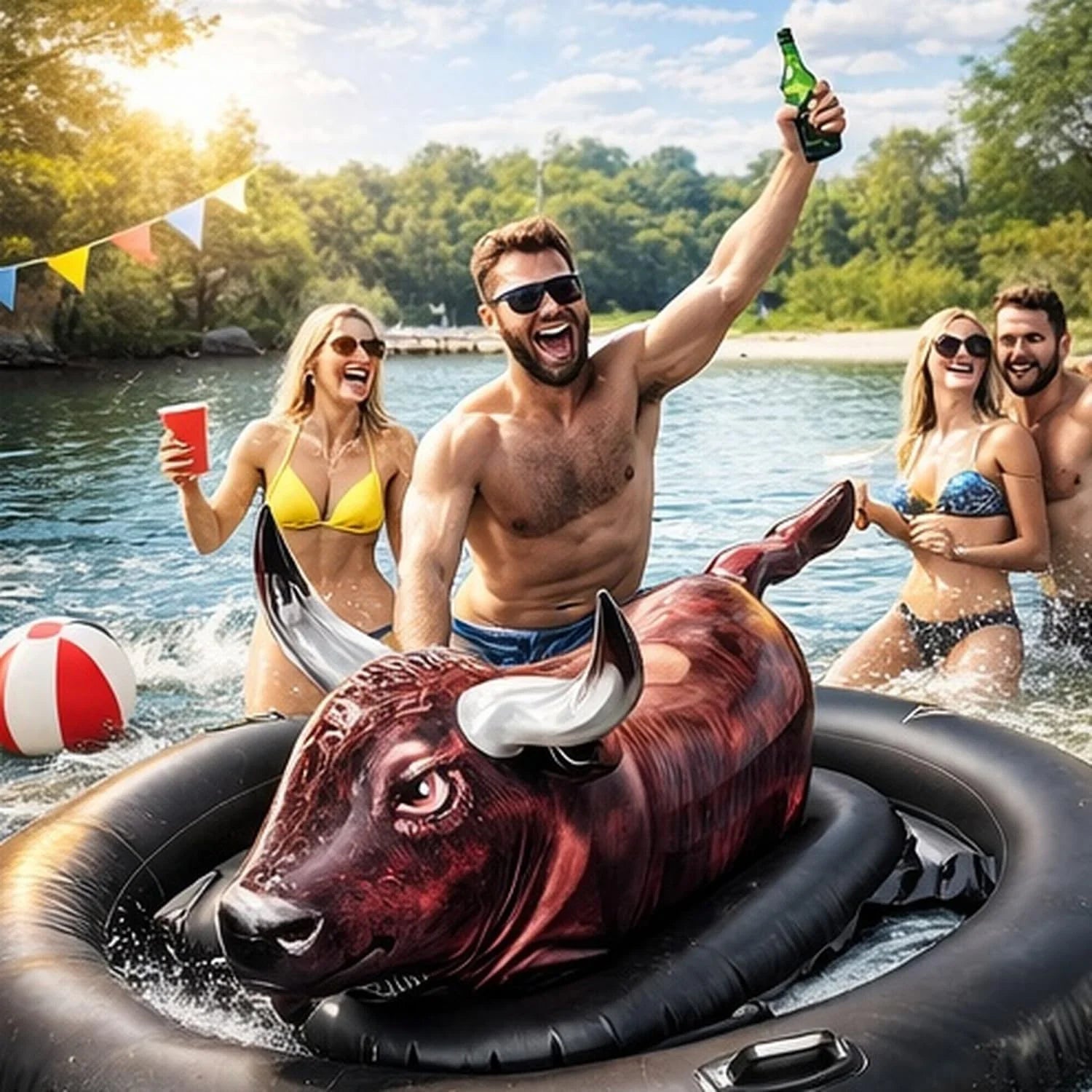 Discount Realistic Bullfighter Mount Children Water Inflatable Toys Adult Thick Floating Row Inflatable Bull Water Toys - Image 2