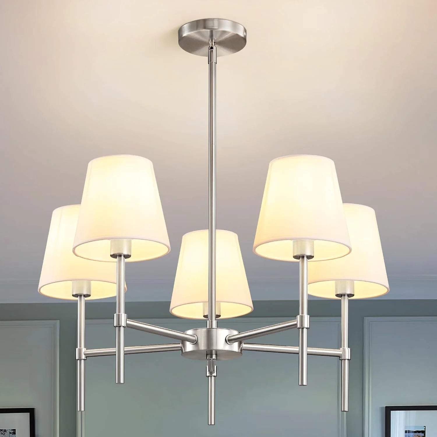 Discount Dining Room Chandeliers Light, 5-Light Gold Modern Chandeliers Light Fixtures with White Fabric Shade - Image 3