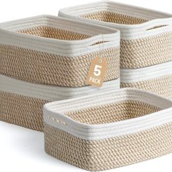 Discount 5 Pack Small Woven Storage Baskets for Shelves, Gift Baskets Empty, 11.8×7.9×4.7, Decorative Cotton Rope Baskets