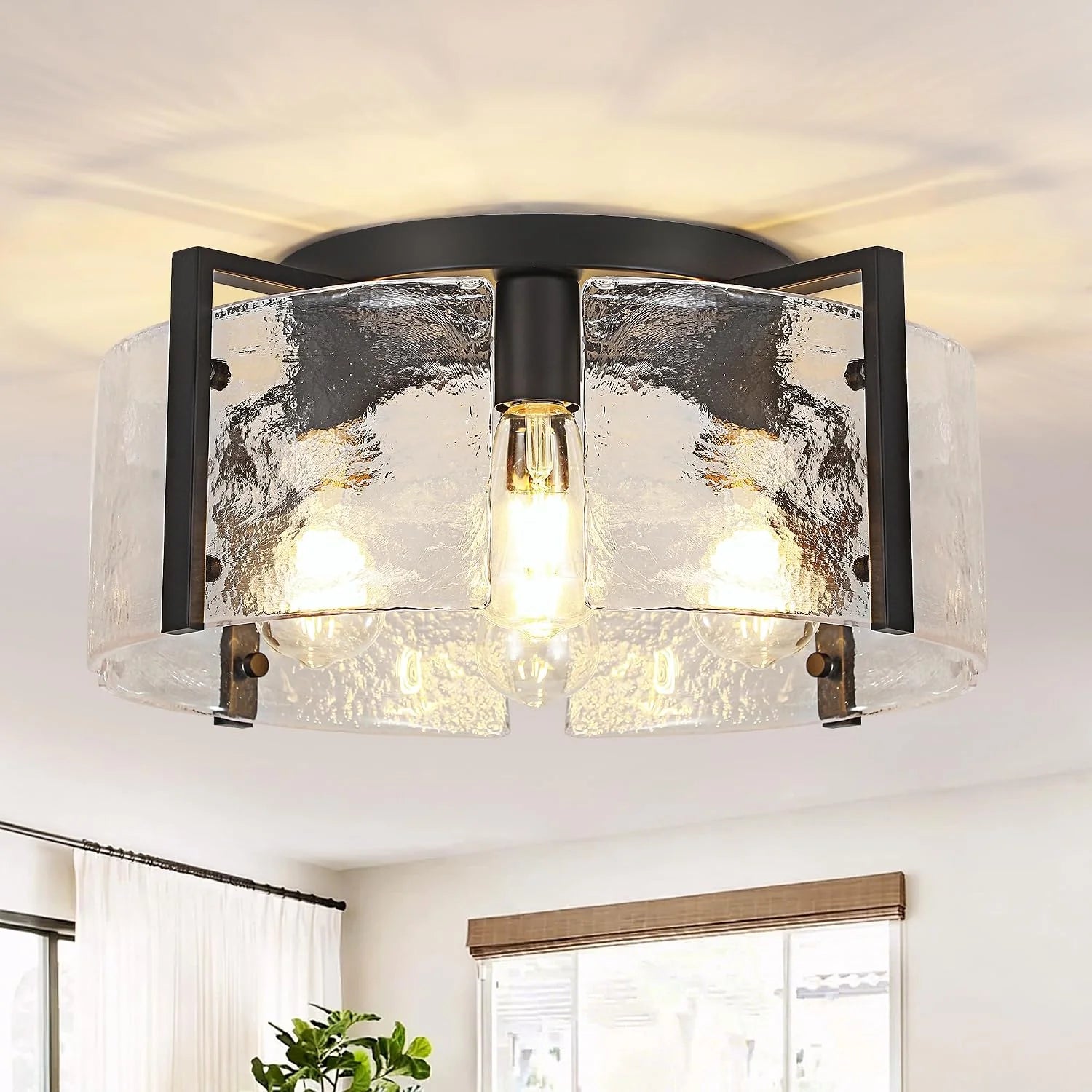 Discount Modern Gold Semi Flush Mount Ceiling Light, Dimmable, 3-Light Farmhouse Glass Drum Light Fixture