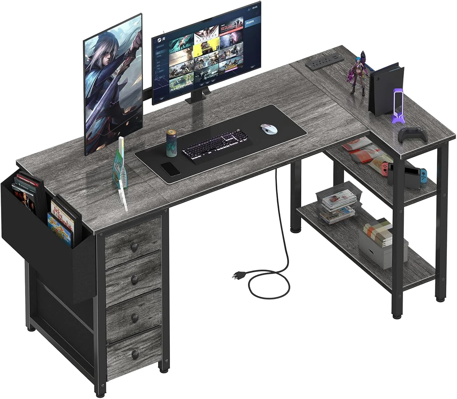 Discount Lufeiya White L Shaped Computer Desk with Drawers & Storage Shelves, 47 Inch Corner Reversible Desk with Power Outlet