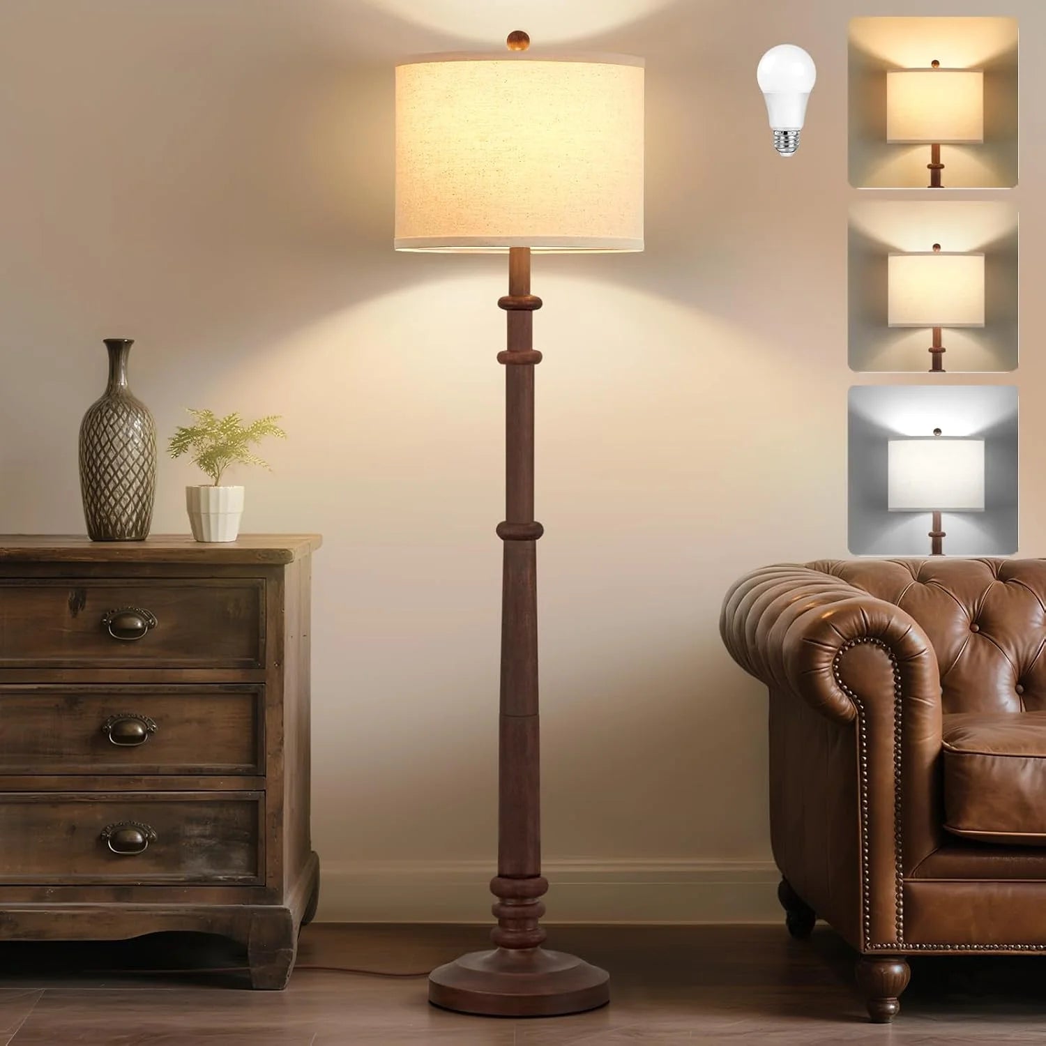 Discount Floor Lamp, Vintage Standing Lamp Reading Light with Linen Shade Retro Tall Lamp for Bedroom Office - Image 5