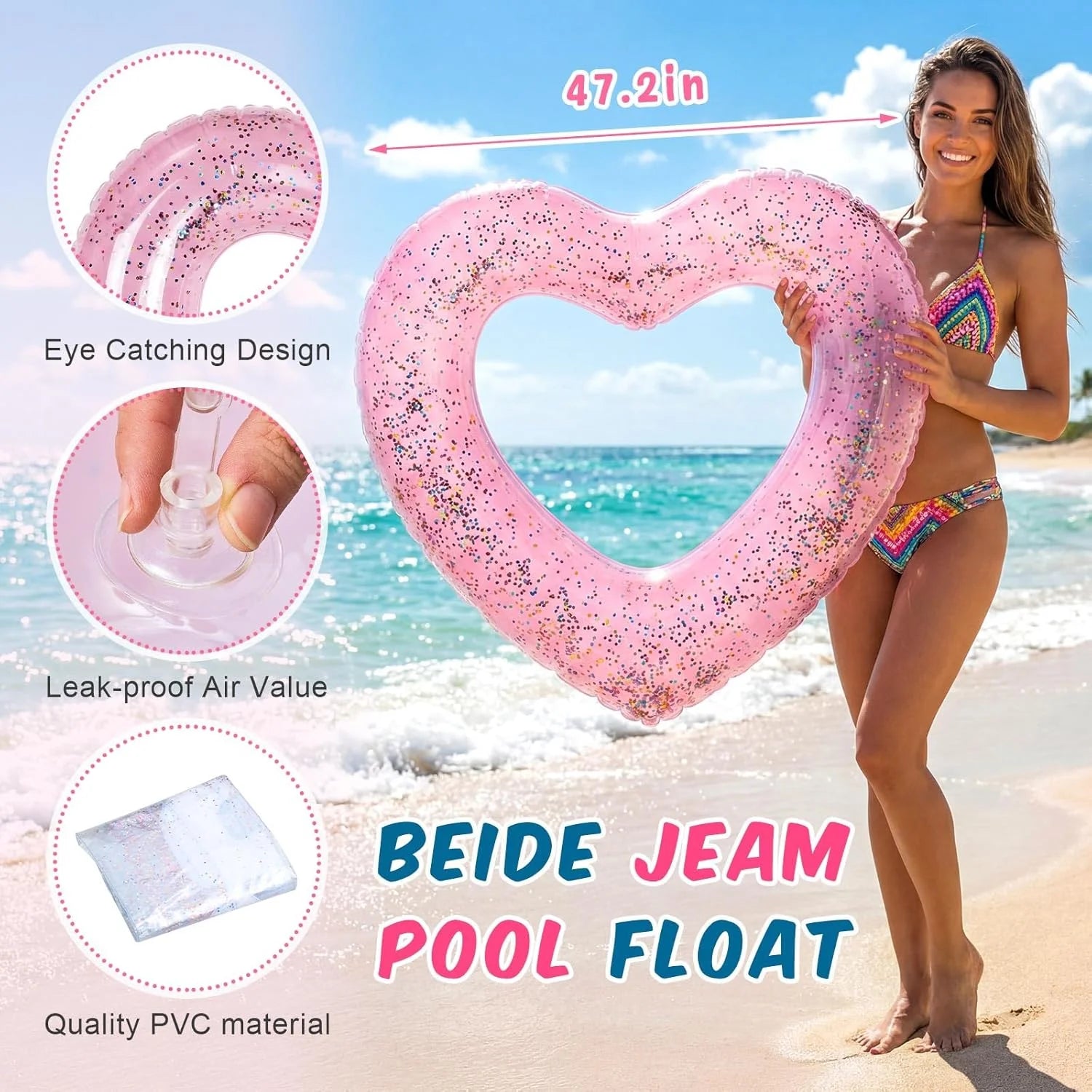 Discount 5 Pcs Bachelorette Pool Floats Set, Bride Pool Party Decor: 72 Glitter Bride Raft Lounger & 4 Heart Swim Rings - Image 5