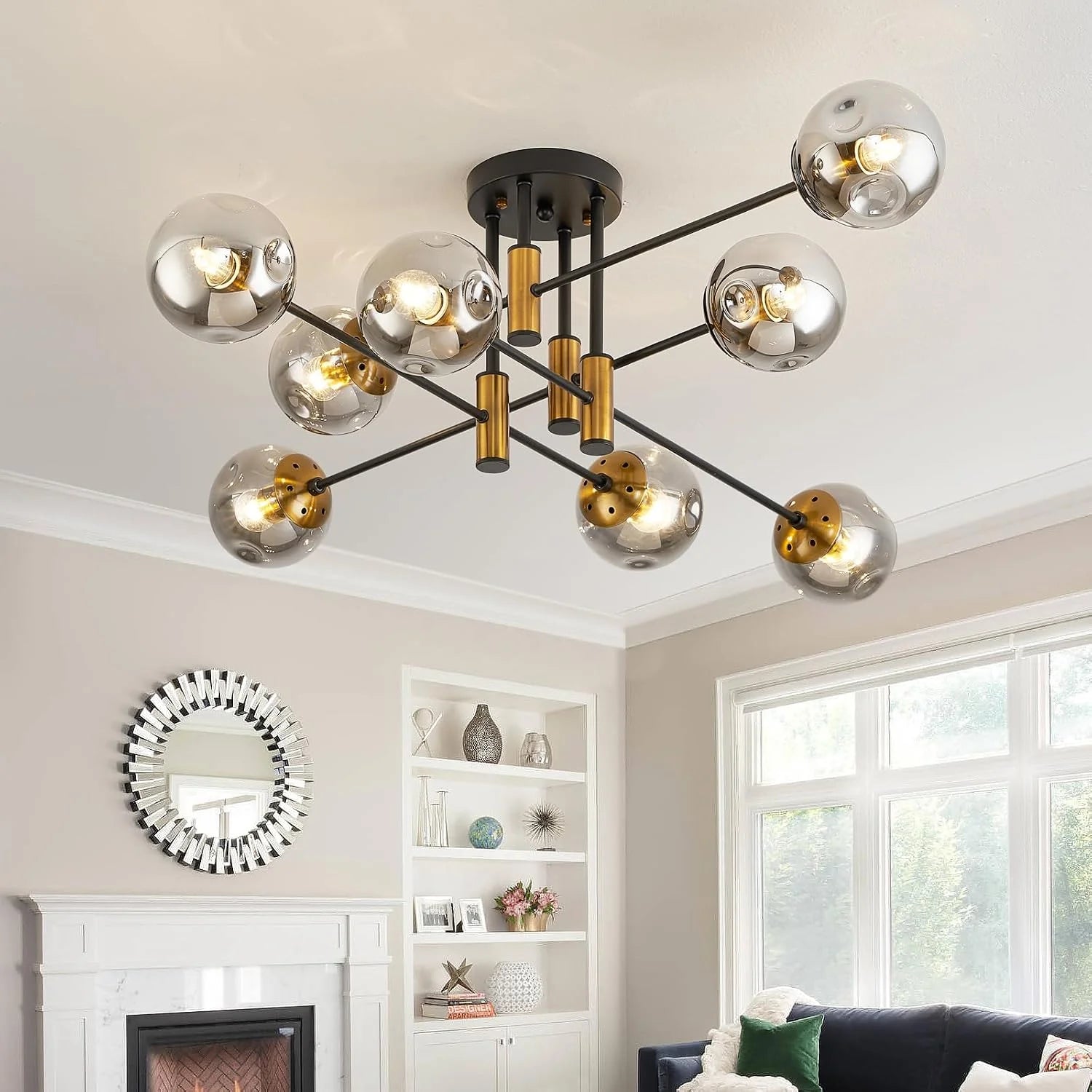 Discount 6-Light Glass Globe Sputnik Chandelier Modern Matte Black and Gold Ceiling Light Fixture Vintage Hanging - Image 8