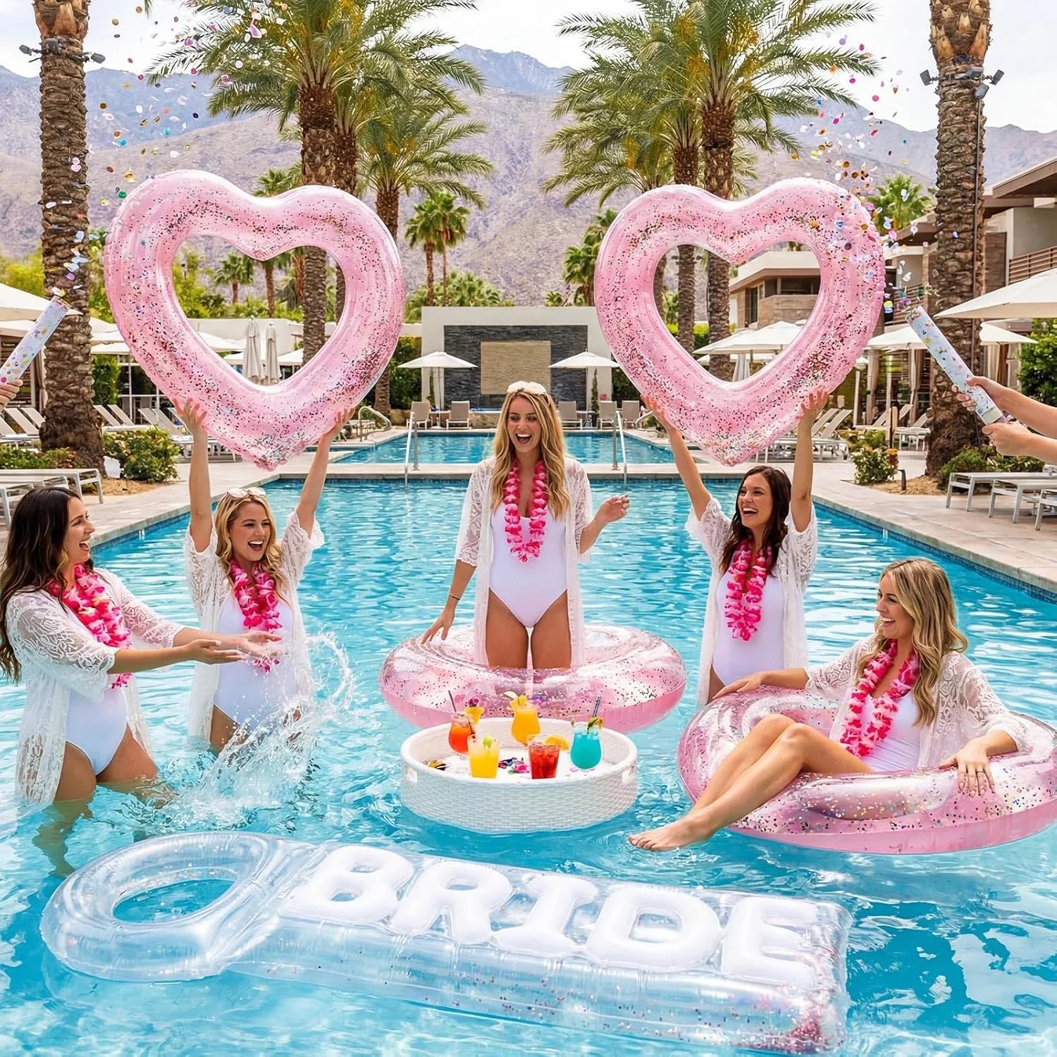 Discount 5 Pcs Bachelorette Pool Floats Set, Bride Pool Party Decor: 72 Glitter Bride Raft Lounger & 4 Heart Swim Rings - Image 6