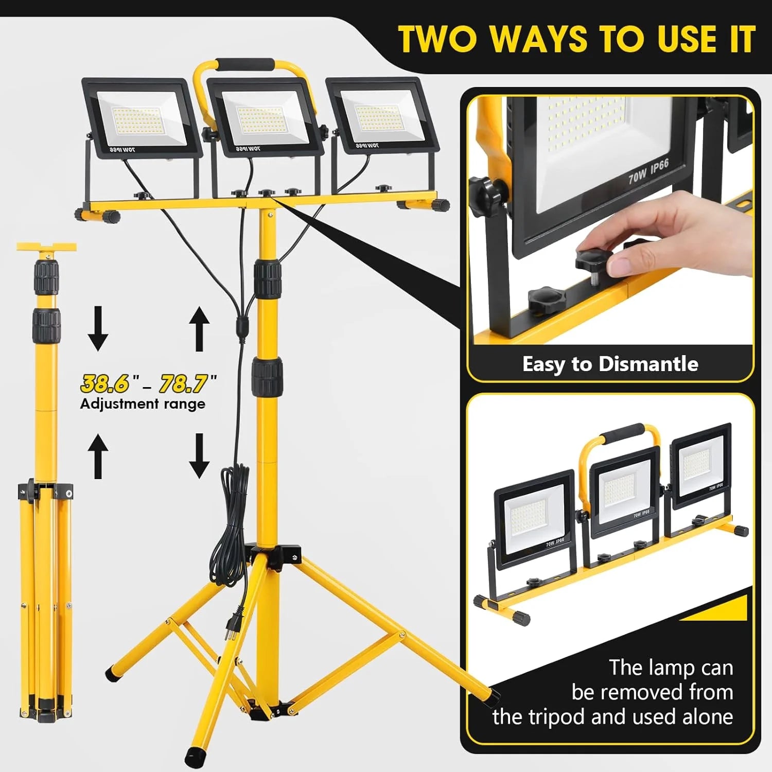 Discount 21000Lumen LED Work Lights with Stand, 3 Head Portable Work Light with 16FT Cord, IP66 Waterproof Tripod - Image 5