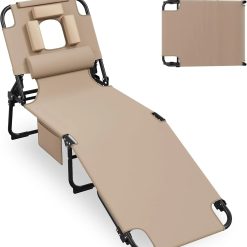 Alternative view of Discount 400lbs Tanning Chair with Face Hole, 5-Position Folding Chaise Lounge Chair with Side Pockets