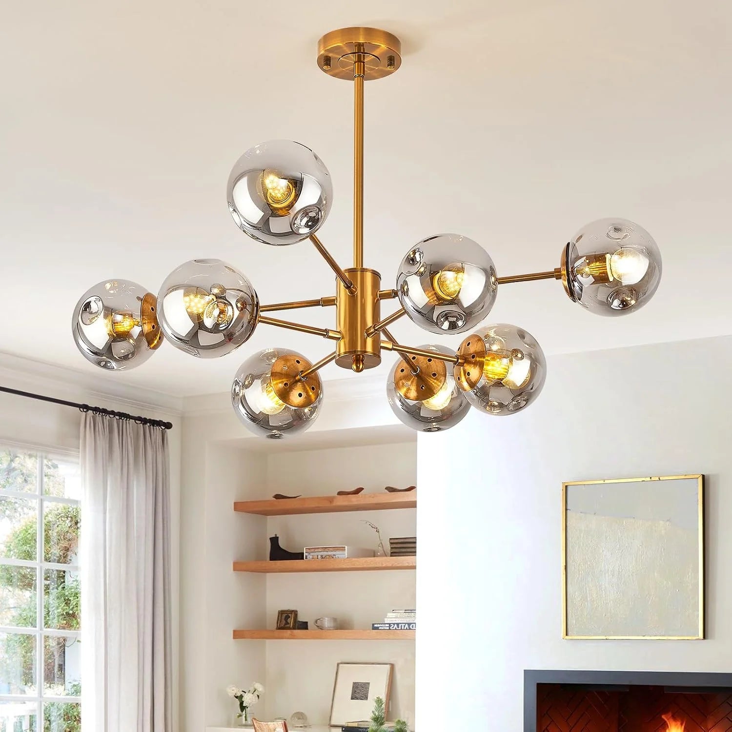 Discount 6-Light Glass Globe Sputnik Chandelier Modern Matte Black and Gold Ceiling Light Fixture Vintage Hanging