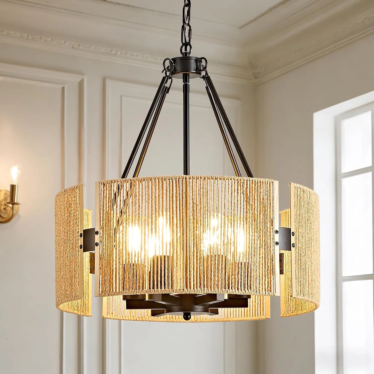 Discount Large Farmhouse Chandeliers for Dining Room, 6-Light 19.7″ Rattan Boho Chandeliers with Wicker Lampshade - Image 2