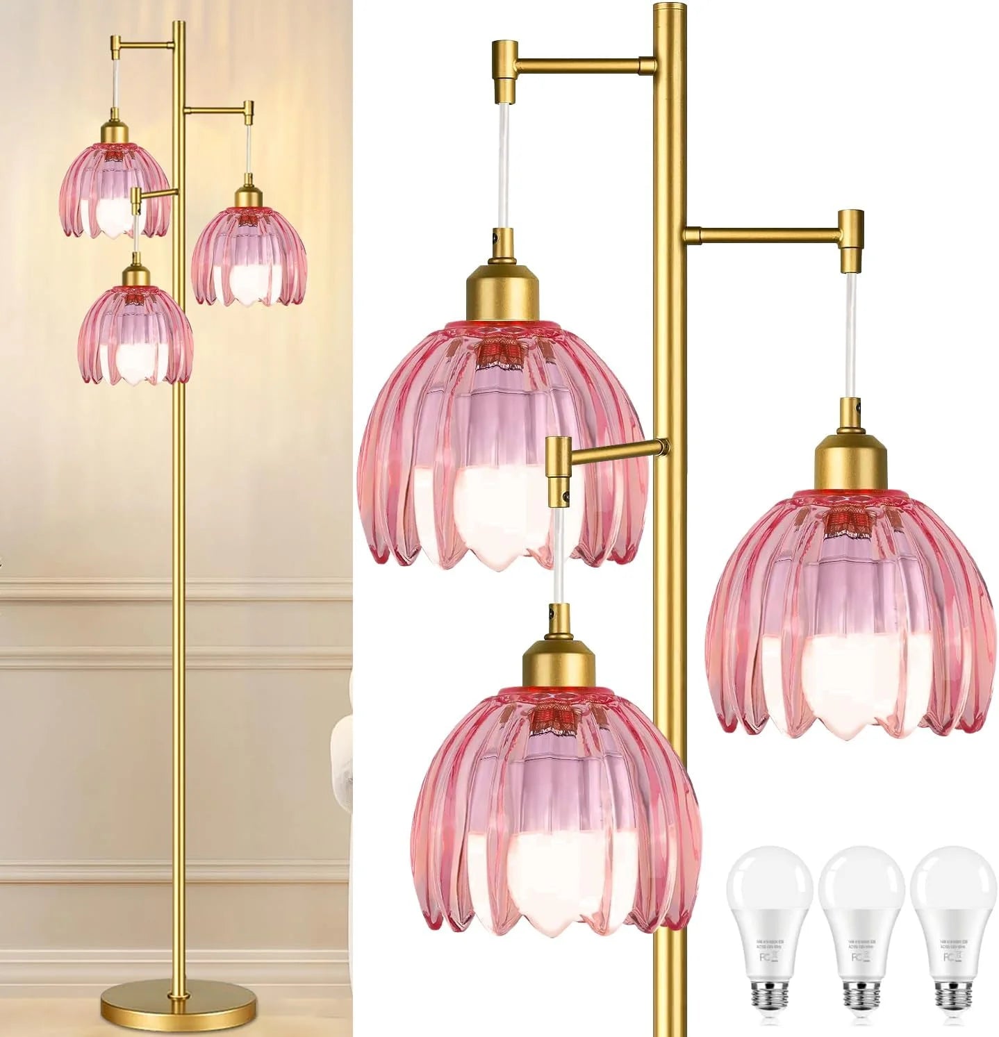 Discount ZECOXOL Vintage Floor Lamp for Living Room Bedroom-3 Light Glass Floor Lamp with Three Led Bulb - Image 15