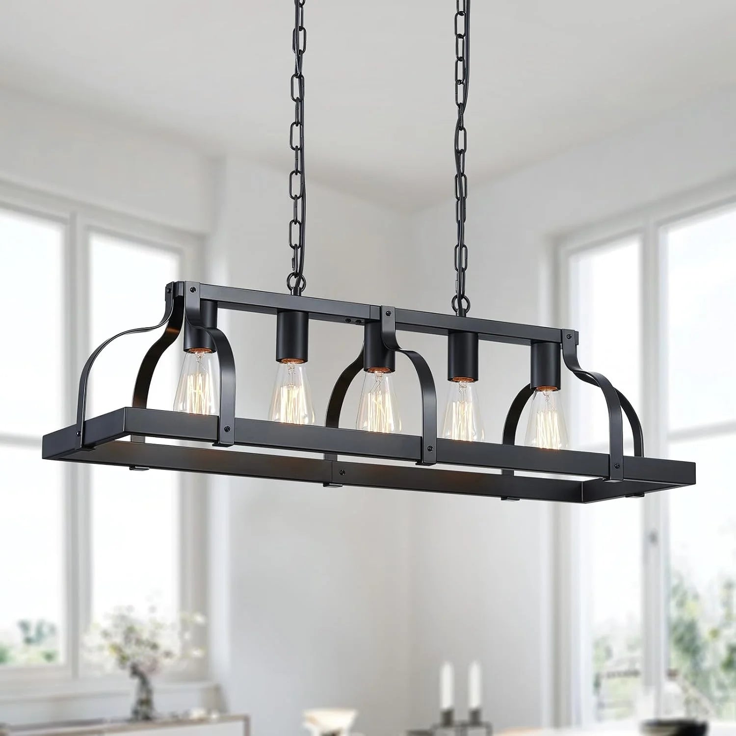 Discount 5-Light Metal Chandelier Imitation Wood Grain Linear Pendant Ceiling Lighting Rustic Farmhouse Fixture Kitchen - Image 4