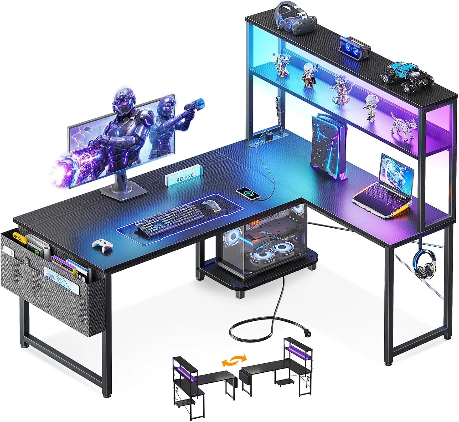 Discount 53 L Shaped Gaming Desk with Shelves, LED & Outlets - Image 4