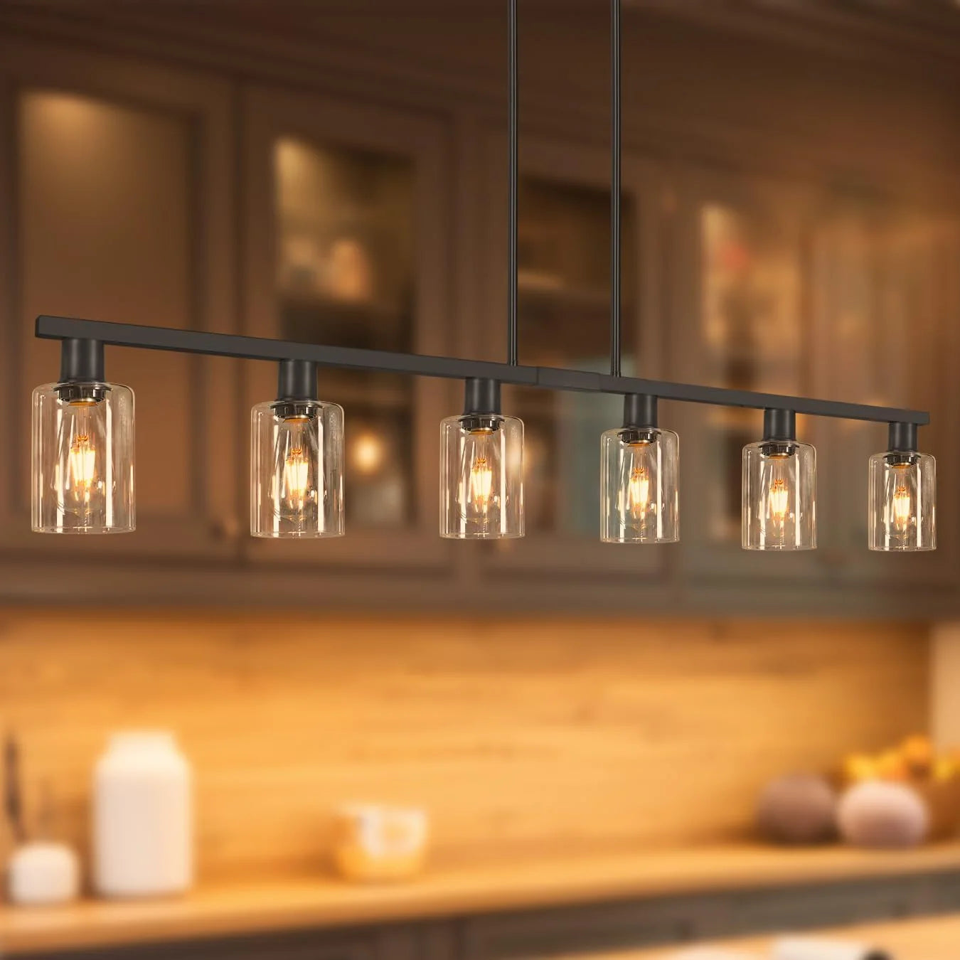 Discount Kitchen Island Lighting, Farmhouse Chandelier with Adjustable Height & Clear Glass Shades - Image 8