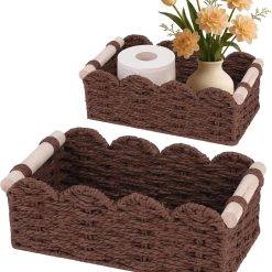 Discount Storage Organizing Baskets, Set of 2 Scalloped Edge Wicker Basket with Wooden Handles Toilet Paper