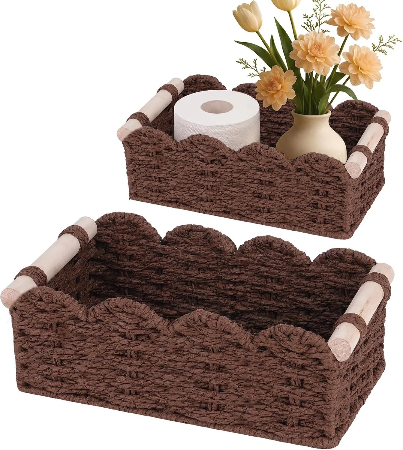 Discount Storage Organizing Baskets, Set of 2 Scalloped Edge Wicker Basket with Wooden Handles Toilet Paper
