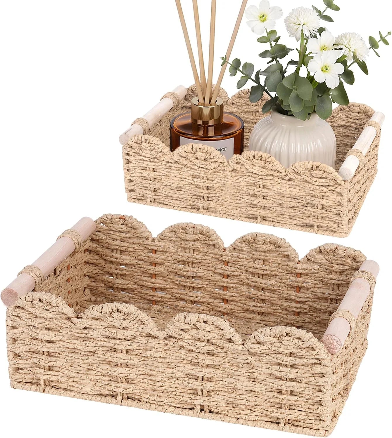 Discount Storage Organizing Baskets, Set of 2 Scalloped Edge Wicker Basket with Wooden Handles Toilet Paper - Image 3