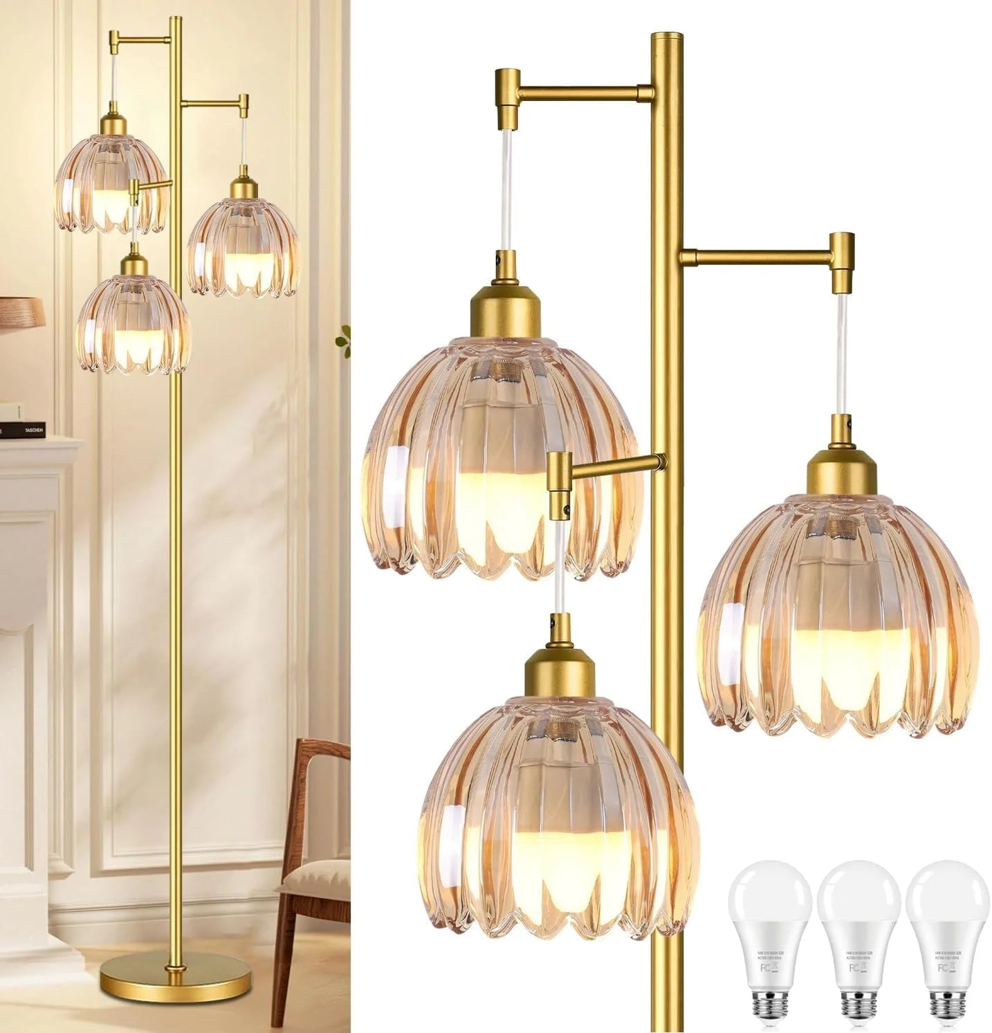 Discount ZECOXOL Vintage Floor Lamp for Living Room Bedroom-3 Light Glass Floor Lamp with Three Led Bulb - Image 11