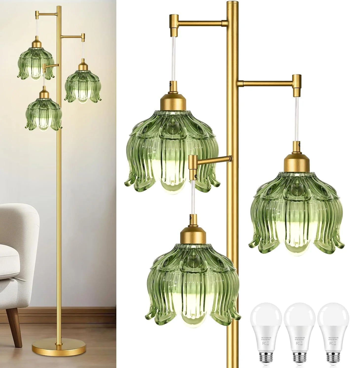 Discount ZECOXOL Vintage Floor Lamp for Living Room Bedroom-3 Light Glass Floor Lamp with Three Led Bulb