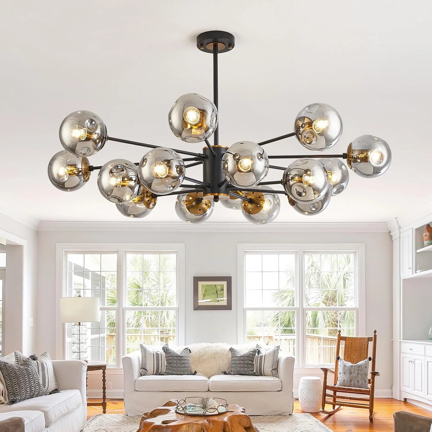 Discount 6-Light Glass Globe Sputnik Chandelier Modern Matte Black and Gold Ceiling Light Fixture Vintage Hanging - Image 7