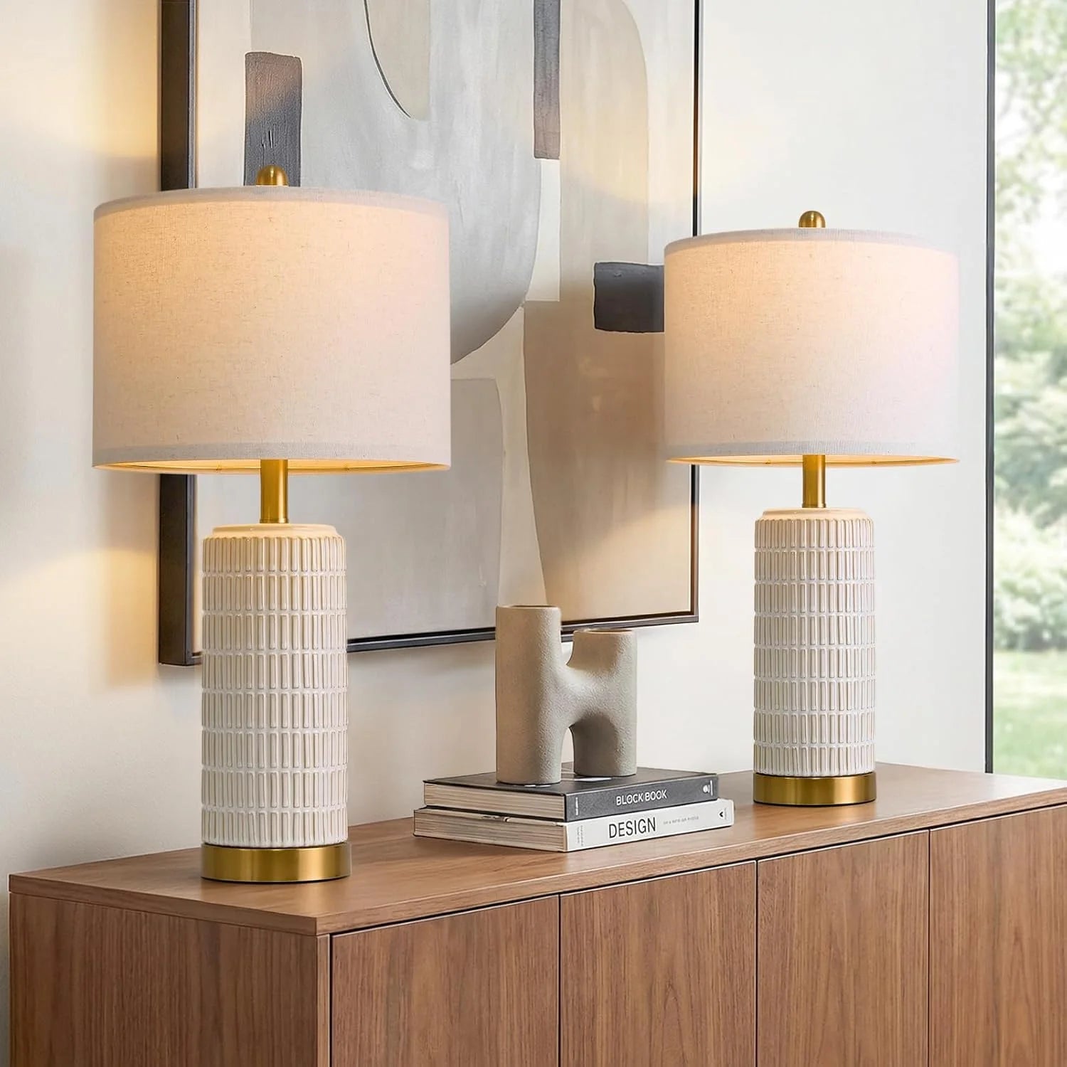 Discount PoKat Small Bedside Table Lamps Set of 2 for Bedroom Living Room, 21.5" Modern Ceramic Nightstand Lamps with Gold Base