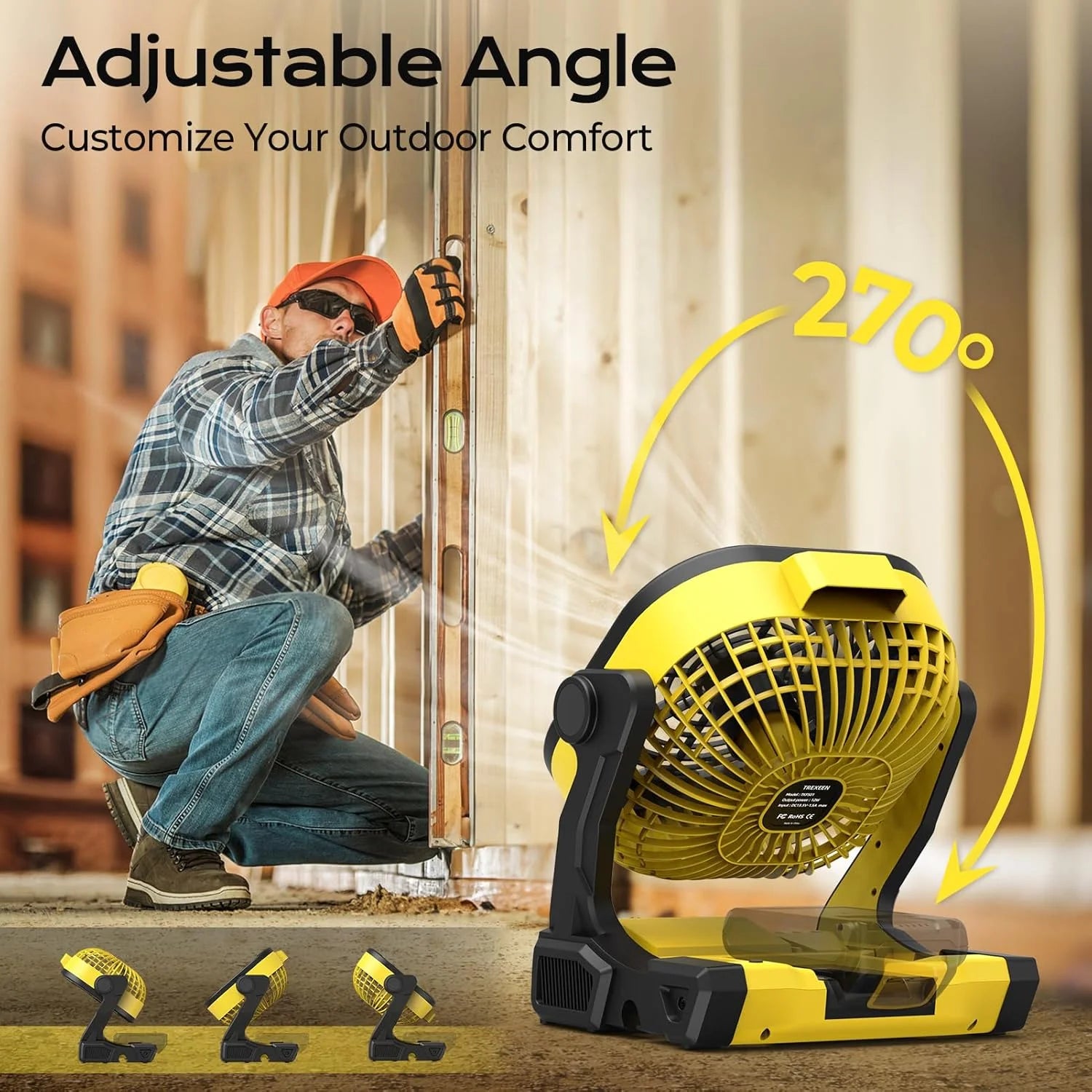 Discount Battery Operated Fan for Dewalt 20V Max battery, Portable Fan with AC Adapter & LED Lights, 4 Speeds & Hook - Image 5