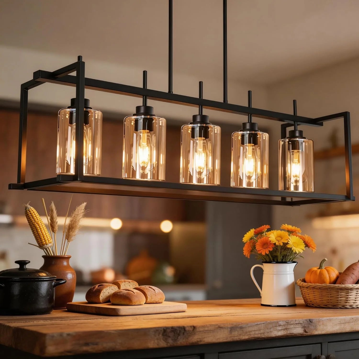 Discount Kitchen Island Lighting, Farmhouse Chandelier with Adjustable Height & Clear Glass Shades - Image 12