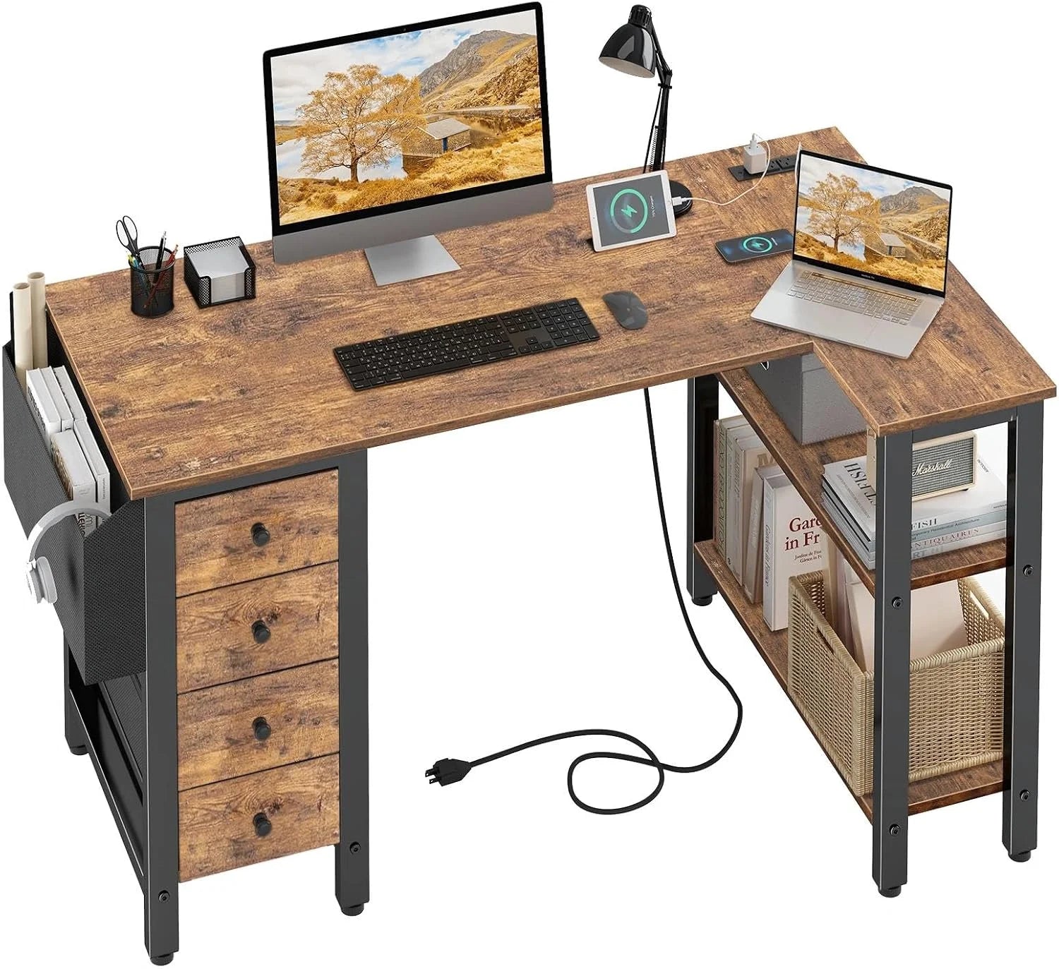 Discount Lufeiya White L Shaped Computer Desk with Drawers & Storage Shelves, 47 Inch Corner Reversible Desk with Power Outlet - Image 6