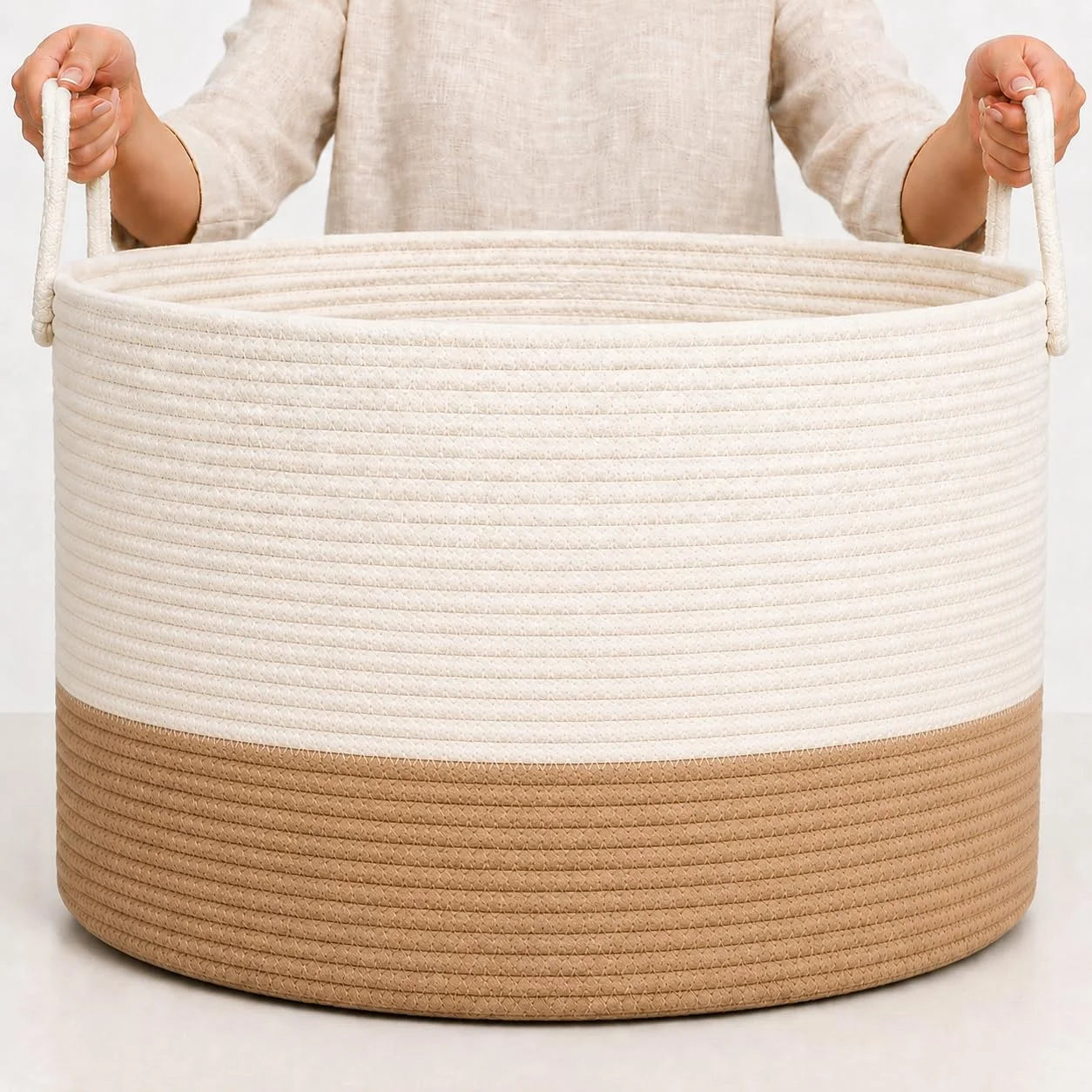 Discount OrganiHaus Round Toy Basket & Blanket Basket, Cotton Rope 20×13, Full Honey, Round Cotton Rope Basket, 20×13 - Image 12