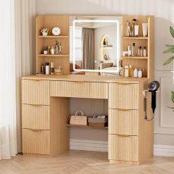 Alternative view of Discount 43 Large White Makeup Vanity Desk with Charging Station, Smart LED Mirror, 7 Drawers, 4 Shelves