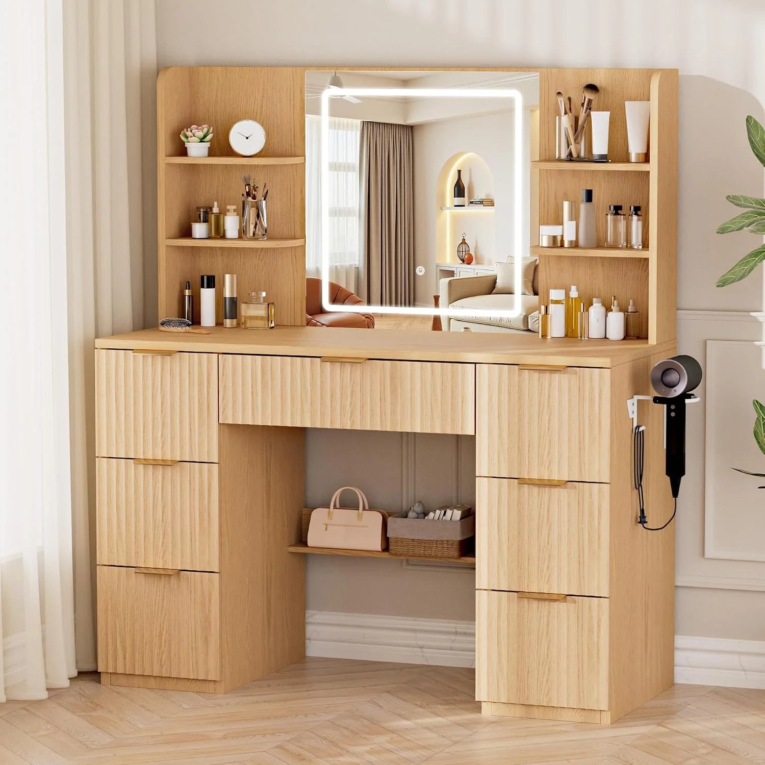 Discount 43 Large White Makeup Vanity Desk with Charging Station, Smart LED Mirror, 7 Drawers, 4 Shelves - Image 2