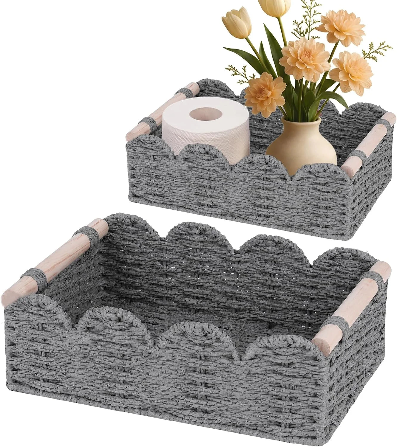 Discount Storage Organizing Baskets, Set of 2 Scalloped Edge Wicker Basket with Wooden Handles Toilet Paper - Image 5