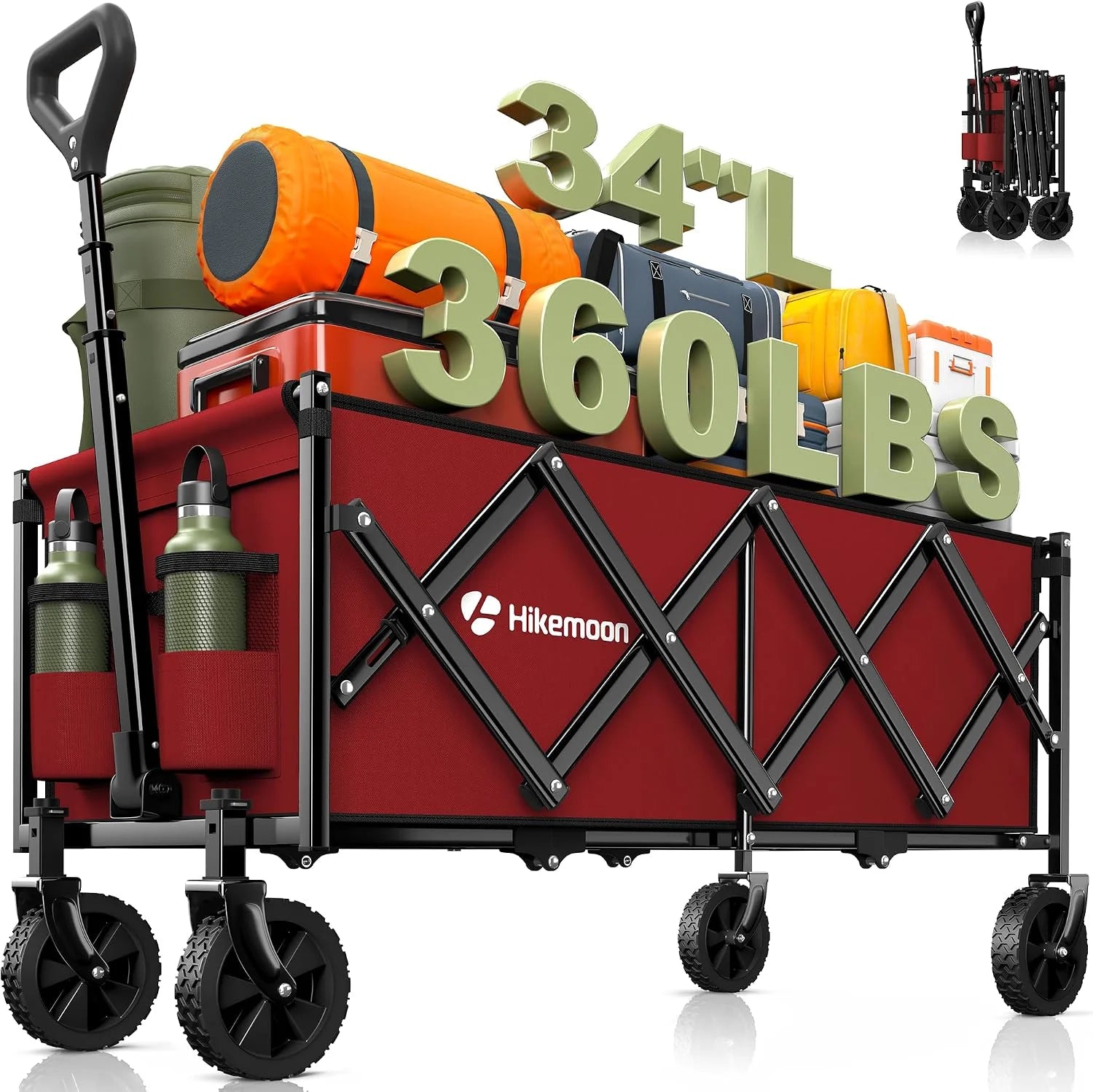 Discount 34” Extra Long Folding Portable Wagon Cart, 120L 360LBS Black, Heavy Duty - Image 7