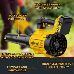 Discount 20V Cordless Leaf Blower, Max 600 CFM/125 MPH Turbo Boost Mode Compatible with DeWALT 20V Max Battery, Brushless Motor