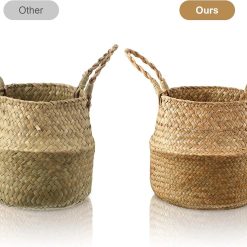 Alternative view of Discount Woven Seagrass Belly Basket with Handles, Natural Color, Foldable Rattan Storage Bins for Plant Pot Holder
