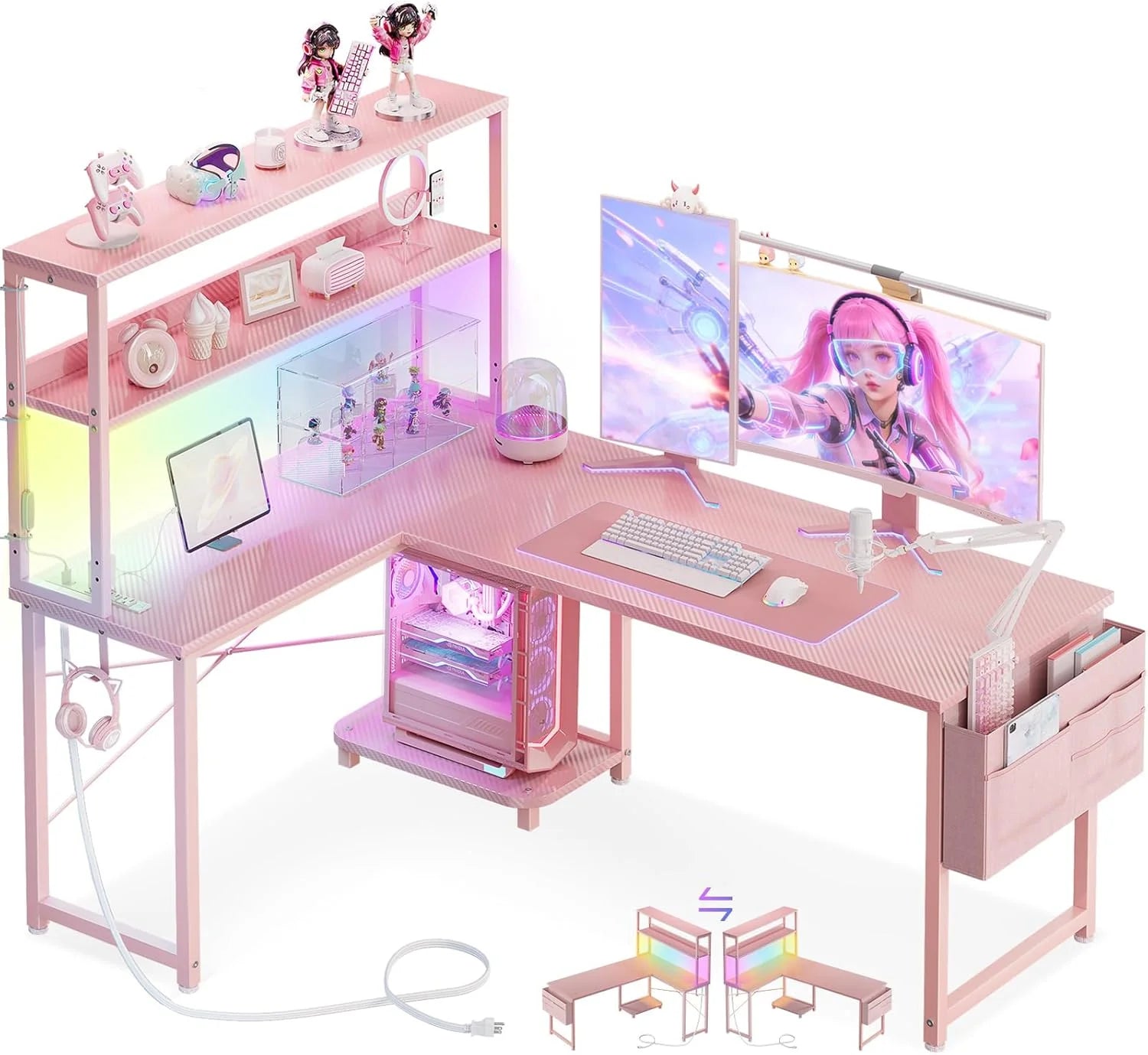 Discount L Shaped Desk Gaming Desk with LED Light & Power Outlet, 53 Inch Black Reversible L Shaped Computer Table - Image 4
