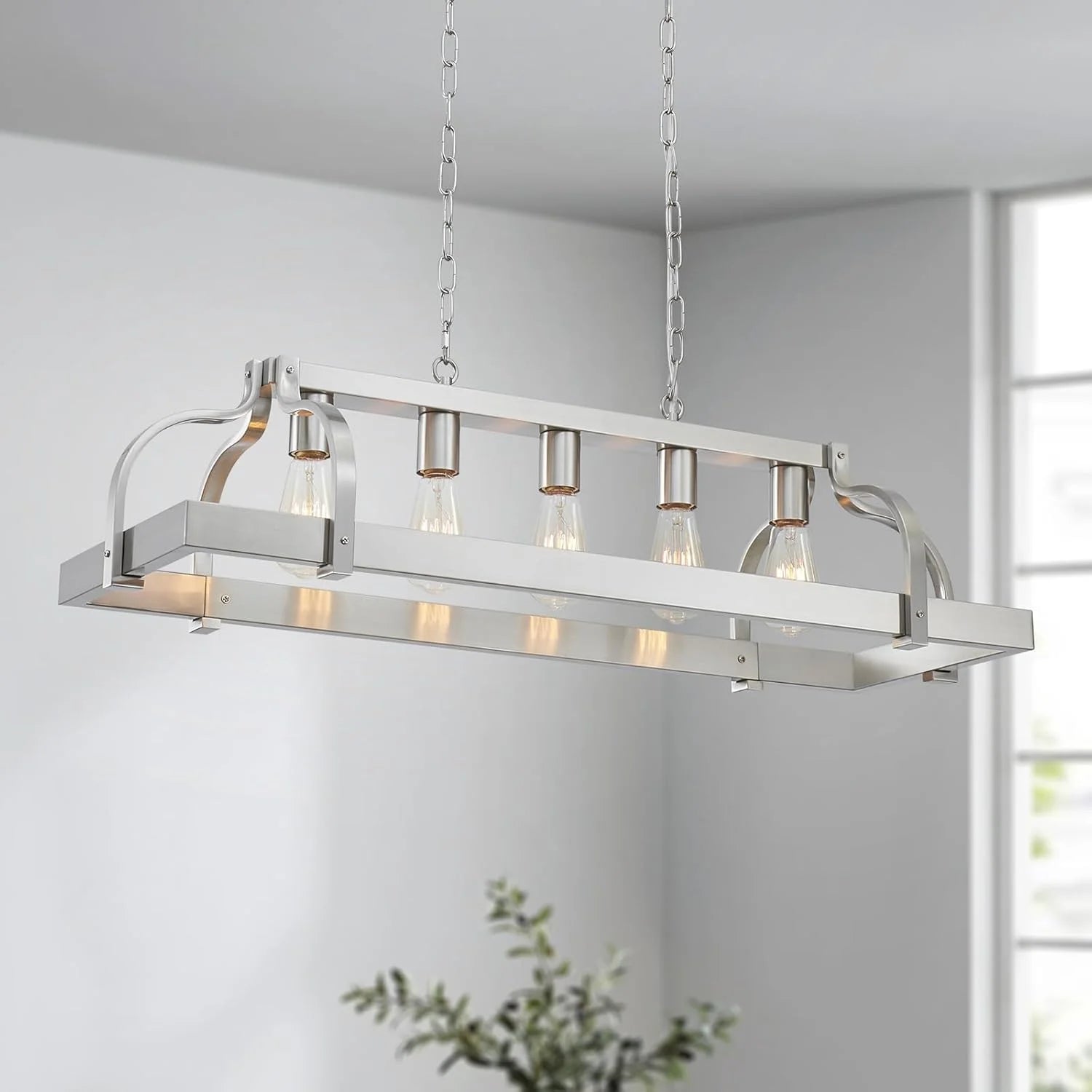 Discount 5-Light Metal Chandelier Imitation Wood Grain Linear Pendant Ceiling Lighting Rustic Farmhouse Fixture Kitchen - Image 12