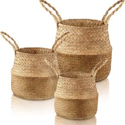 Discount Woven Seagrass Belly Basket with Handles, Natural Color, Foldable Rattan Storage Bins for Plant Pot Holder