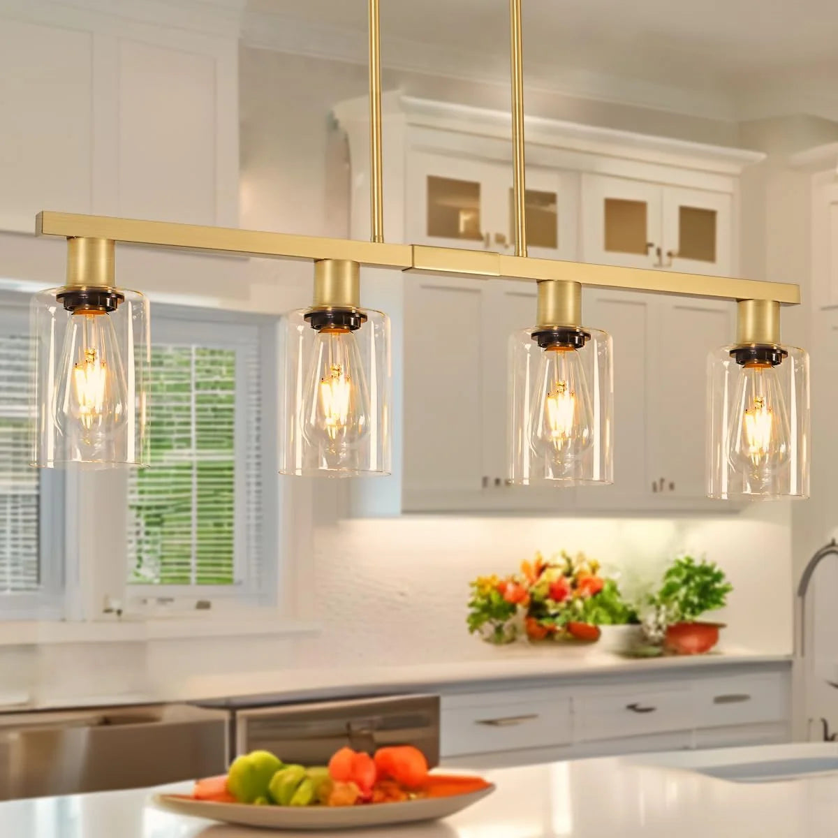 Discount Kitchen Island Lighting, Farmhouse Chandelier with Adjustable Height & Clear Glass Shades - Image 3