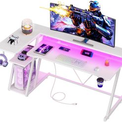 Alternative view of Discount 40 Inch Gaming Desk with Power Outlet & LED Lights, L Shaped Computer Gaming Table with 3 Tiers Storage Shelves