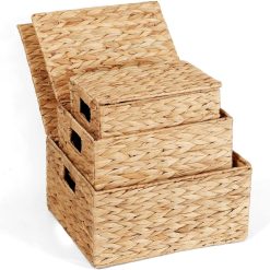 Discount Storage Baskets for Organizing 3 Pack, Natural Water Hyacinth Ratten Baskets with Wooden Handles, Decorative
