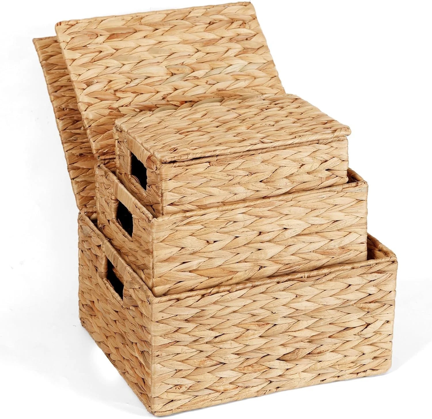 Discount Storage Baskets for Organizing 3 Pack, Natural Water Hyacinth Ratten Baskets with Wooden Handles, Decorative