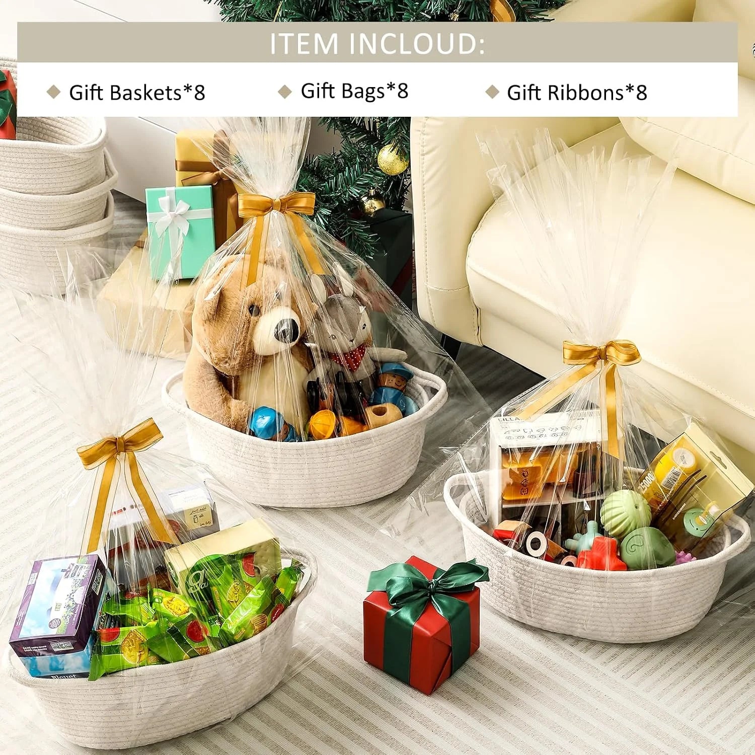 Discount Small Woven Basket with Gift Bags and Ribbons, All 12x 8x 5, Empty Decorative Gift Chest Box, Cute Baby - Image 2